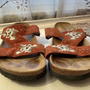 Birkenstock Betula Embroidered Rust Suede Slide Sandals with Embellishment